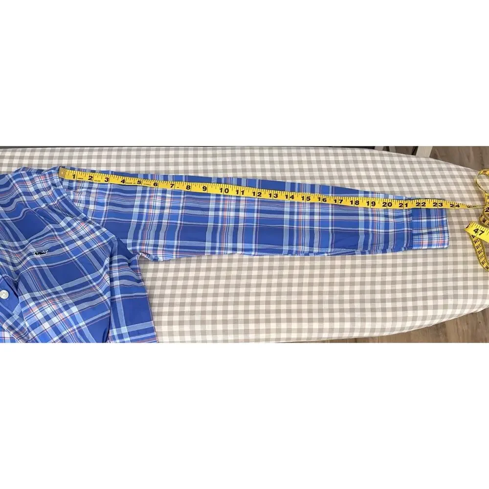 Vineyard Vines Performance Shirt Boys XL 18 Blue White Plaid Long Sleeve Logo
